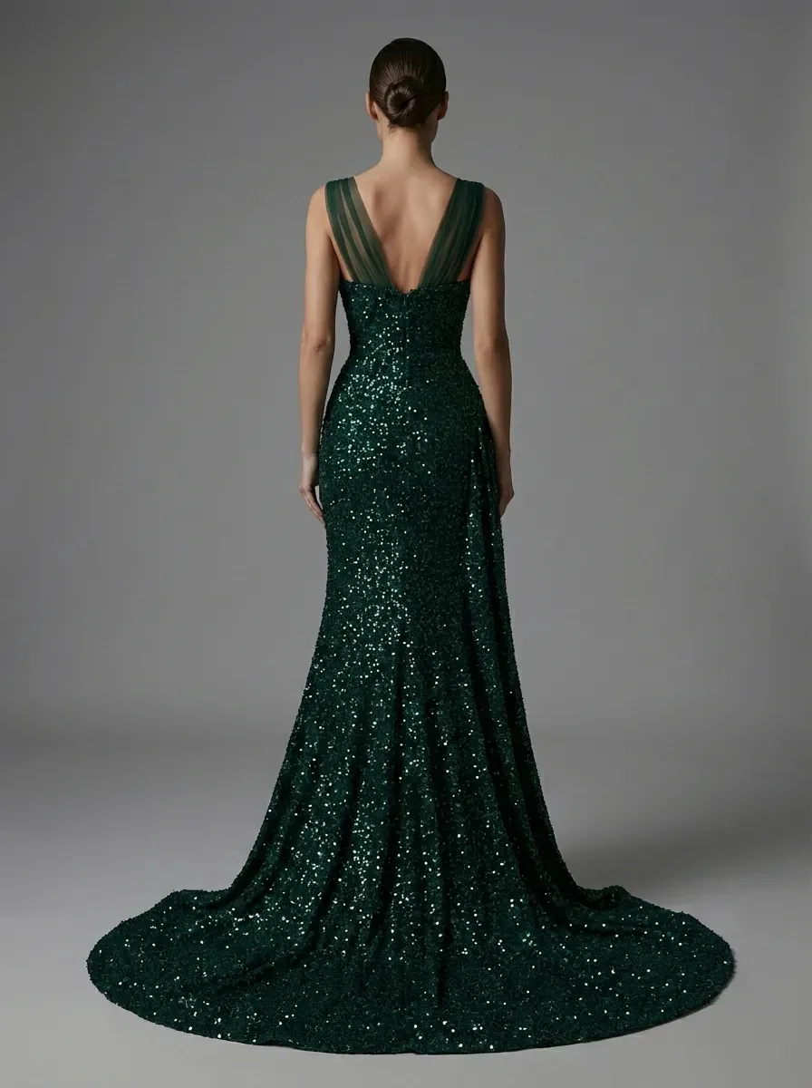 Dark Green Sequin Sheath Prom Dress | Pleated Gown with Thigh-High Split