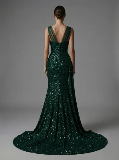 Dark Green Sequin Sheath Prom Dress | Pleated Gown with Thigh-High Split