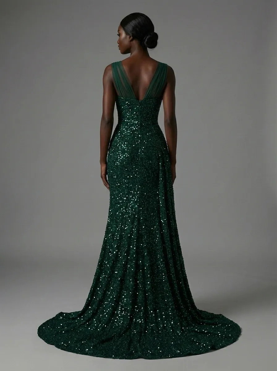 Dark Green Sequin Sheath Prom Dress | Pleated Gown with Thigh-High Split