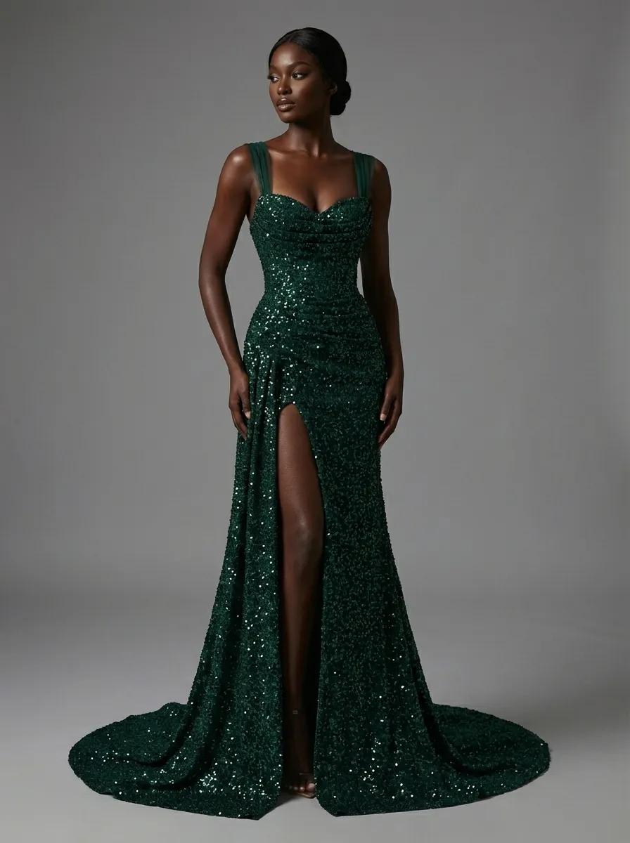 Dark Green Sequin Sheath Prom Dress | Pleated Gown with Thigh-High Split