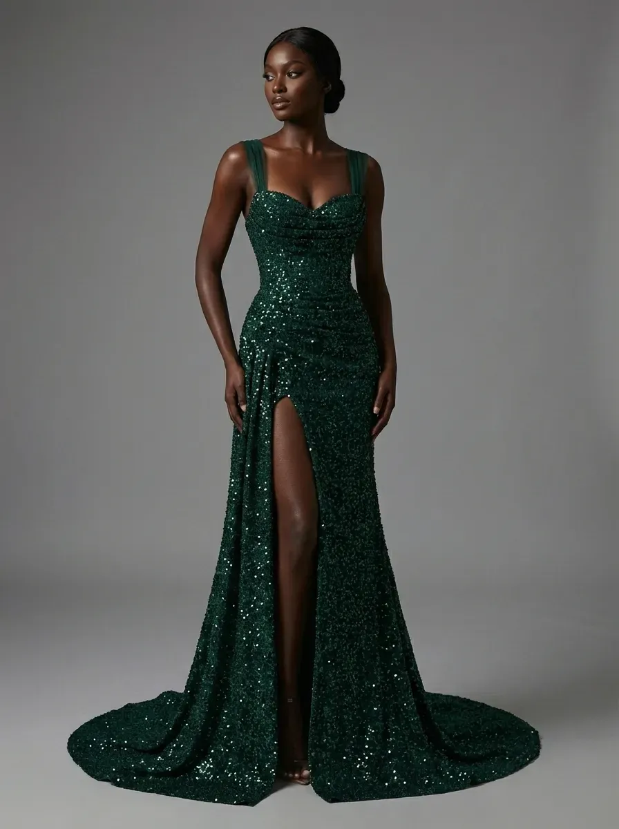 Dark Green Sequin Sheath Prom Dress | Pleated Gown with Thigh-High Split