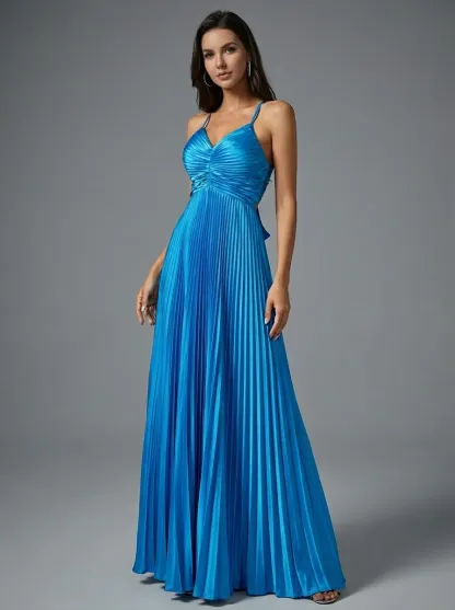 Lake Blue A-Line Prom Dress | Minimalist Spaghetti Straps Long Gown