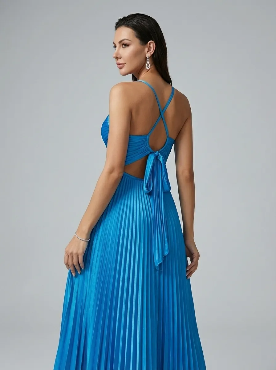 Lake Blue A-Line Prom Dress | Minimalist Spaghetti Straps Long Gown