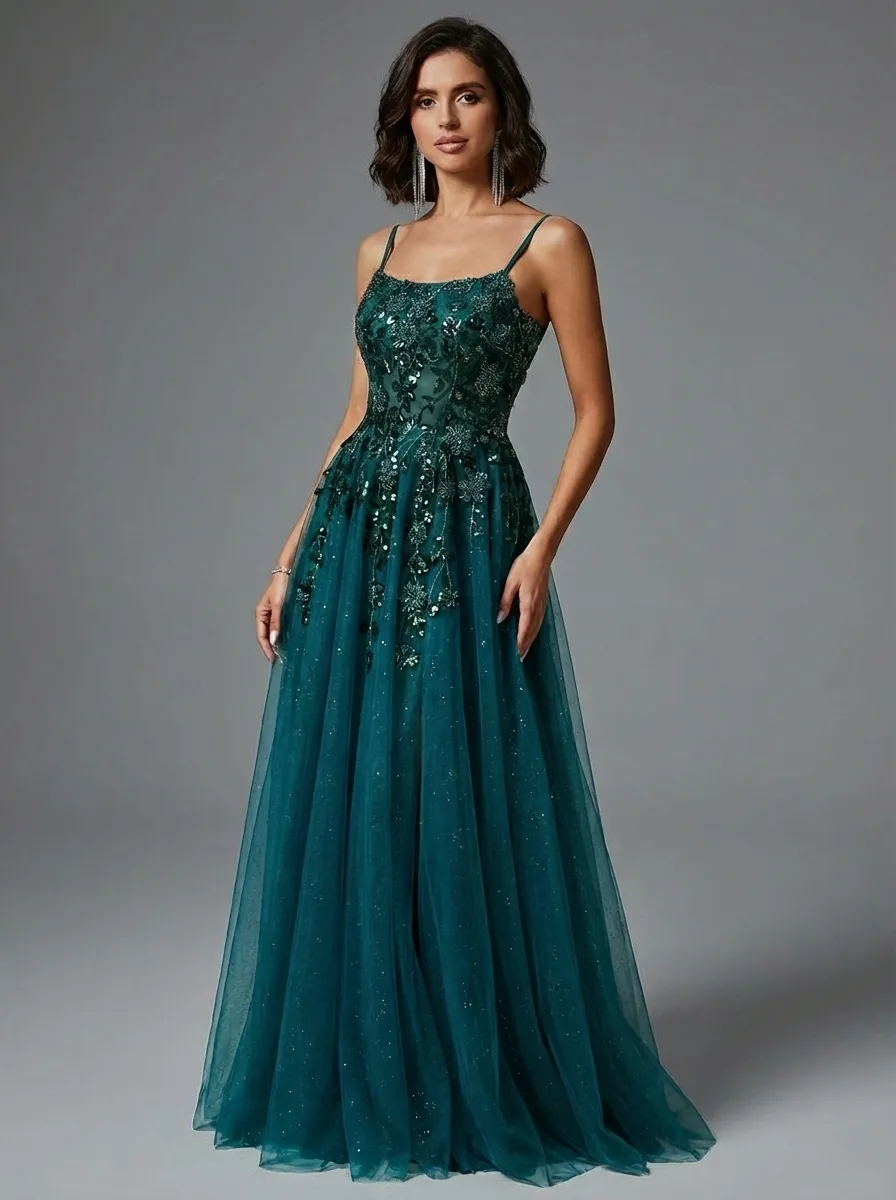 Dark Green A-Line Prom Dress | Spaghetti Straps Gown with Lace Appliques