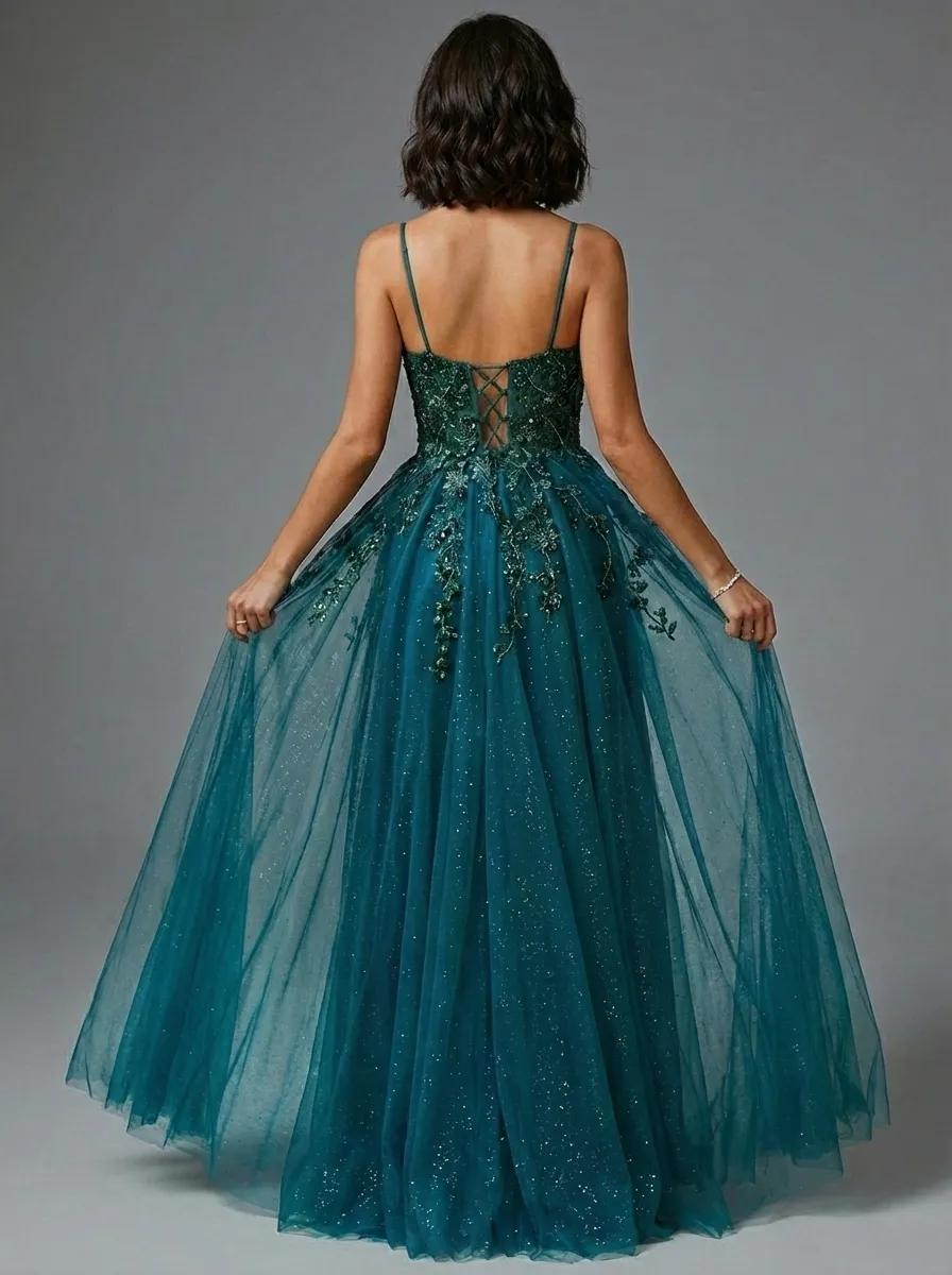 Dark Green A-Line Prom Dress | Spaghetti Straps Gown with Lace Appliques