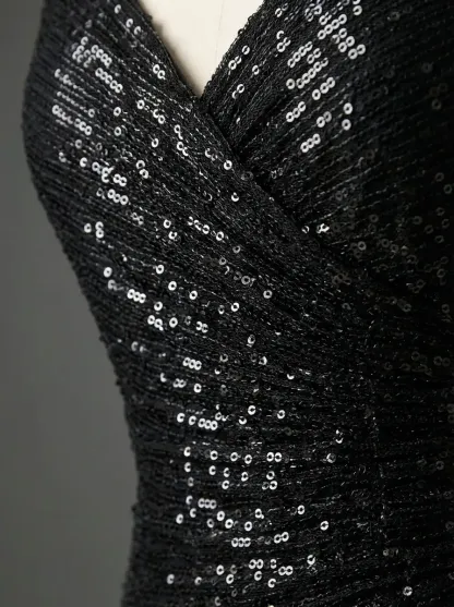 Black Sequin Mermaid Prom Dress | Sparkly Long Evening Gown with Slit