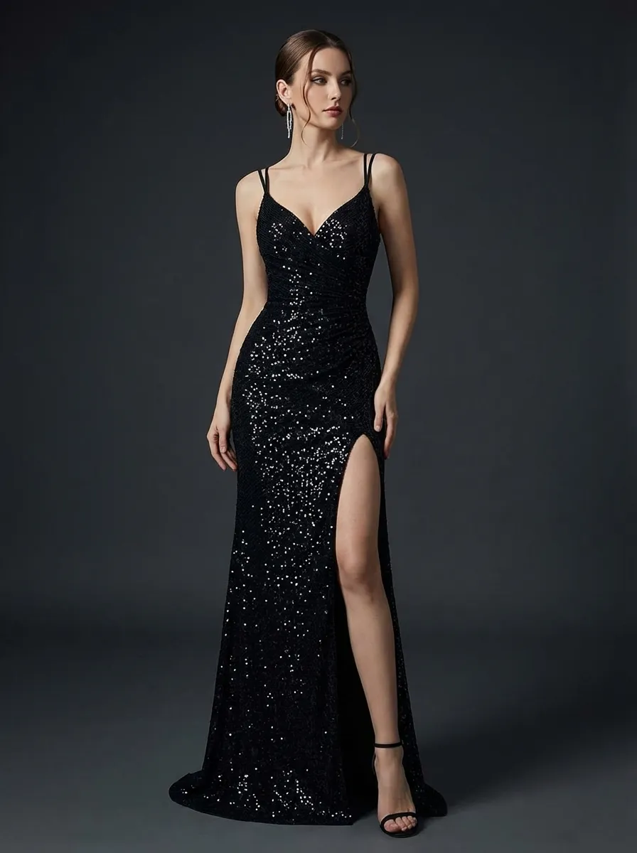 Black Sequin Mermaid Prom Dress | Sparkly Long Evening Gown with Slit