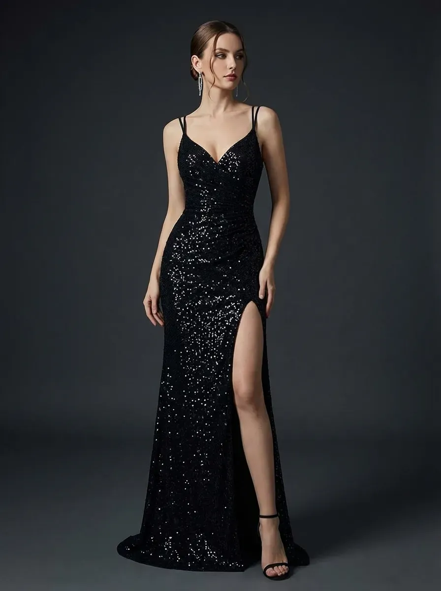 Black Sequin Mermaid Prom Dress | Sparkly Long Evening Gown with Slit