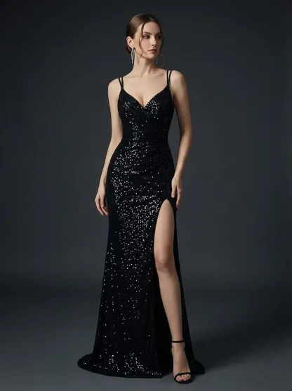 Black Sequin Mermaid Prom Dress | Sparkly Long Evening Gown with Slit