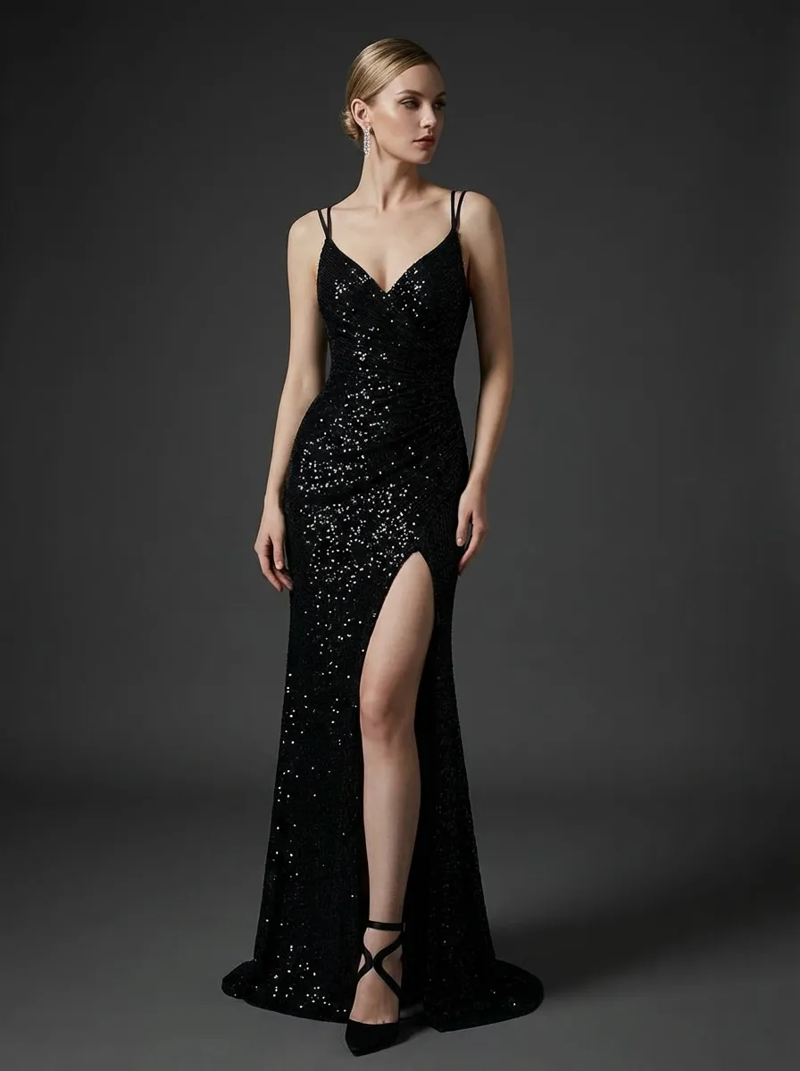 Black Sequin Mermaid Prom Dress | Sparkly Long Evening Gown with Slit