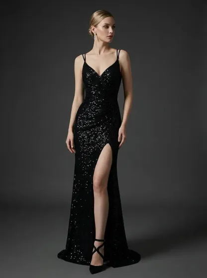 Black Sequin Mermaid Prom Dress | Sparkly Long Evening Gown with Slit