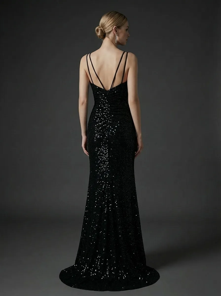 Black Sequin Mermaid Prom Dress | Sparkly Long Evening Gown with Slit