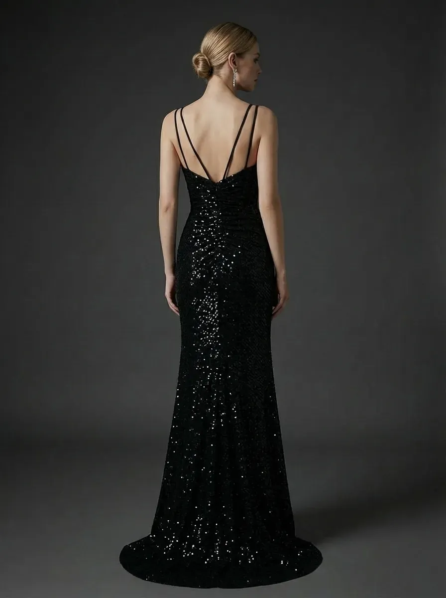 Black Sequin Mermaid Prom Dress | Sparkly Long Evening Gown with Slit