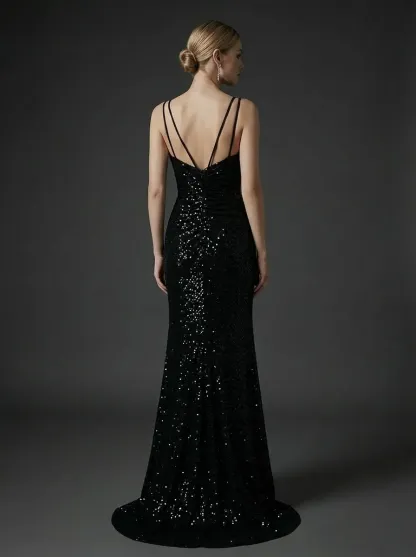 Black Sequin Mermaid Prom Dress | Sparkly Long Evening Gown with Slit