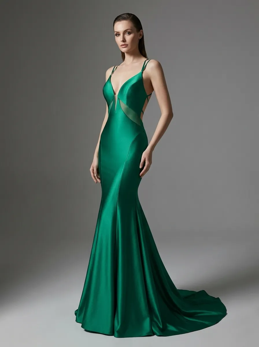 Green Satin Mermaid Prom Dress | Deep V-Neck Gown with Lace-Up Back