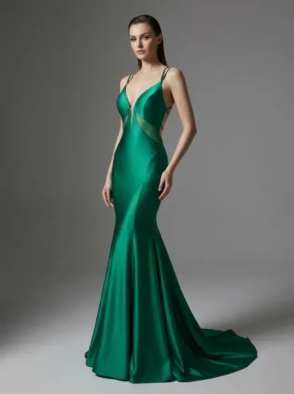 Green Satin Mermaid Prom Dress | Deep V-Neck Gown with Lace-Up Back