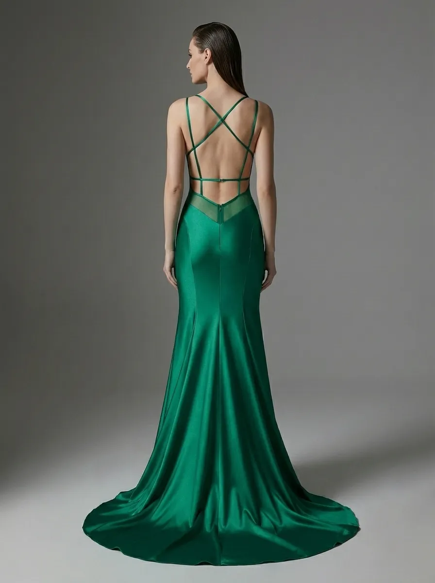 Green Satin Mermaid Prom Dress | Deep V-Neck Gown with Lace-Up Back