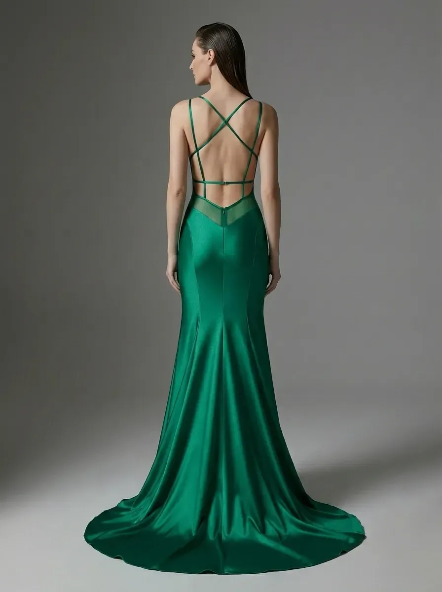 Green Satin Mermaid Prom Dress | Deep V-Neck Gown with Lace-Up Back