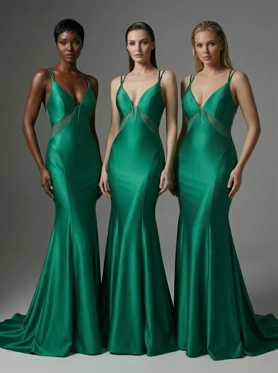 Green Satin Mermaid Prom Dress | Deep V-Neck Gown with Lace-Up Back