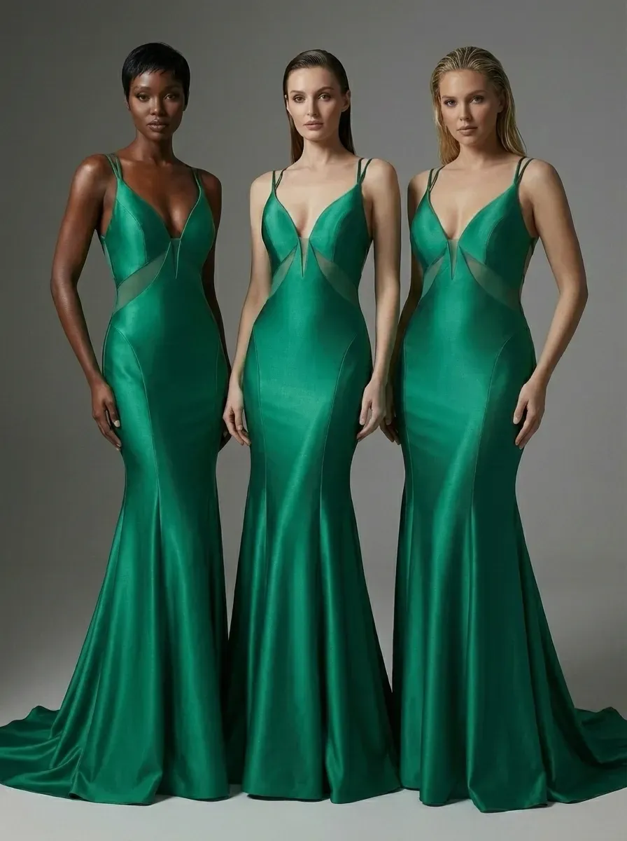 Green Satin Mermaid Prom Dress | Deep V-Neck Gown with Lace-Up Back