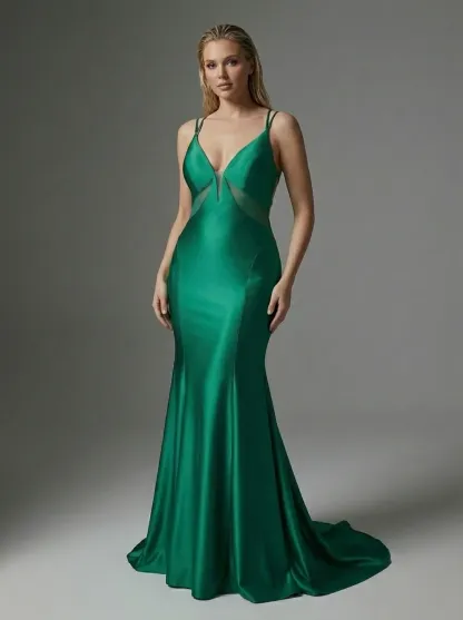 Green Satin Mermaid Prom Dress | Deep V-Neck Gown with Lace-Up Back