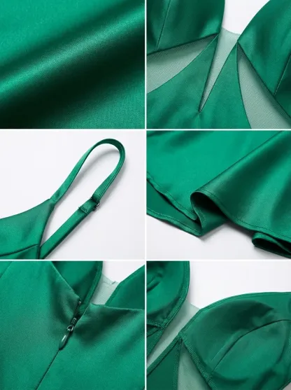 Green Satin Mermaid Prom Dress | Deep V-Neck Gown with Lace-Up Back