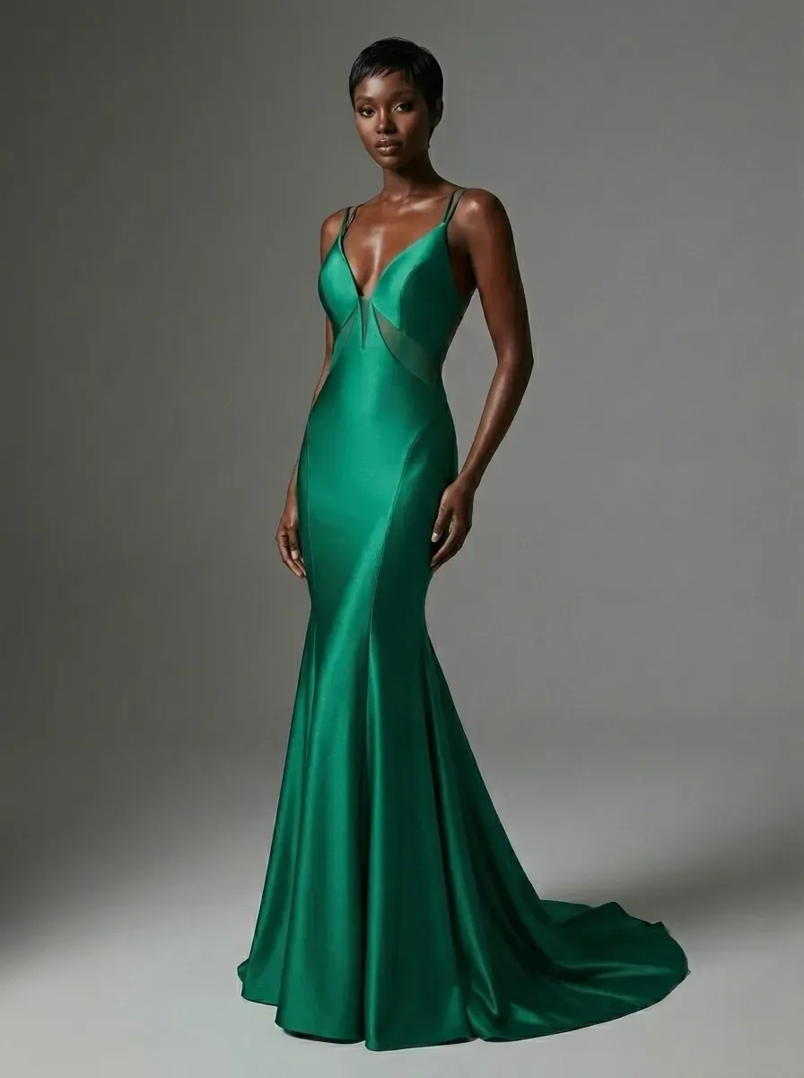 Green Satin Mermaid Prom Dress | Deep V-Neck Gown with Lace-Up Back