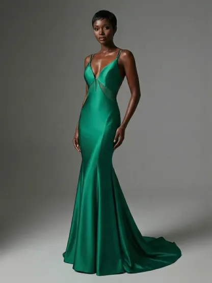 Green Satin Mermaid Prom Dress | Deep V-Neck Gown with Lace-Up Back