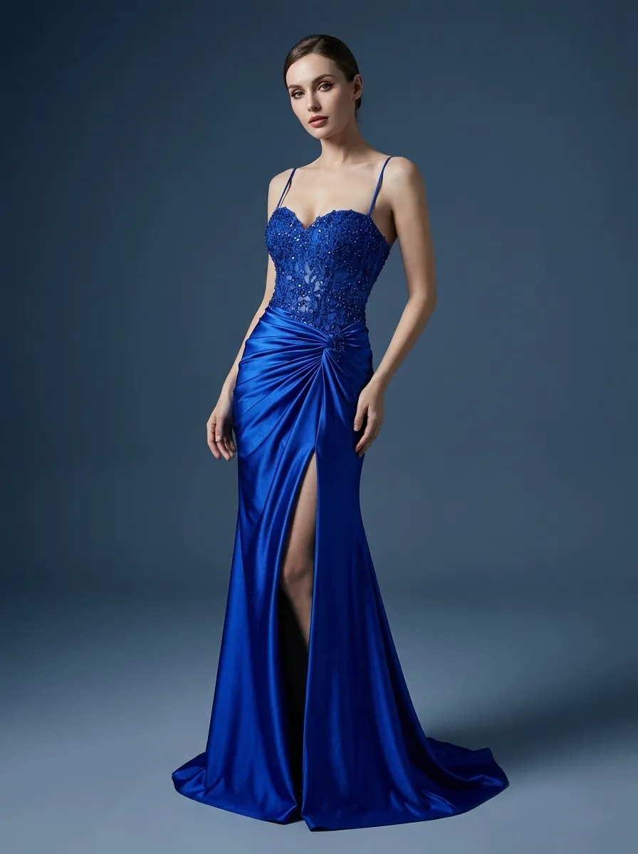 Royal Blue Mermaid Prom Dress | Spaghetti Straps Pleated Gown with Appliques
