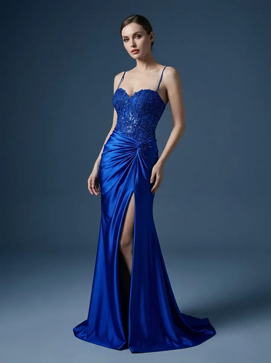 Royal Blue Mermaid Prom Dress | Spaghetti Straps Pleated Gown with Appliques