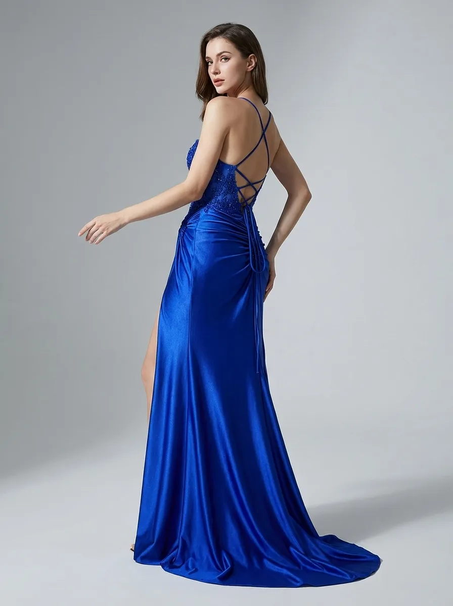 Royal Blue Mermaid Prom Dress | Spaghetti Straps Pleated Gown with Appliques