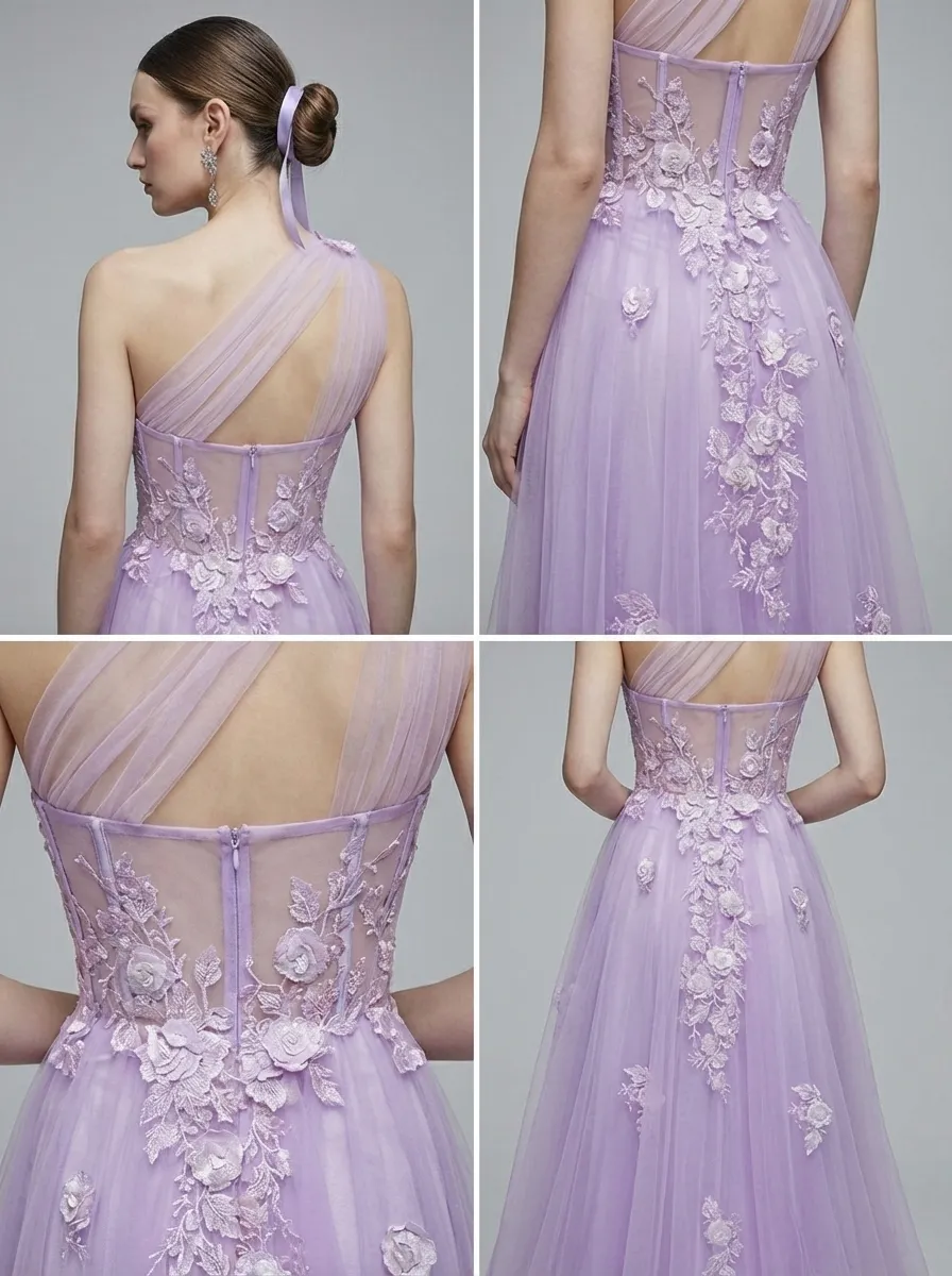 Black One-Shoulder A-Line Prom Dress | Formal Gown with Lace Appliques