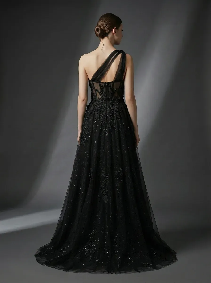 Black One-Shoulder A-Line Prom Dress | Formal Gown with Lace Appliques