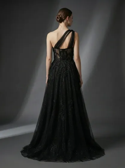 Black One-Shoulder A-Line Prom Dress | Formal Gown with Lace Appliques