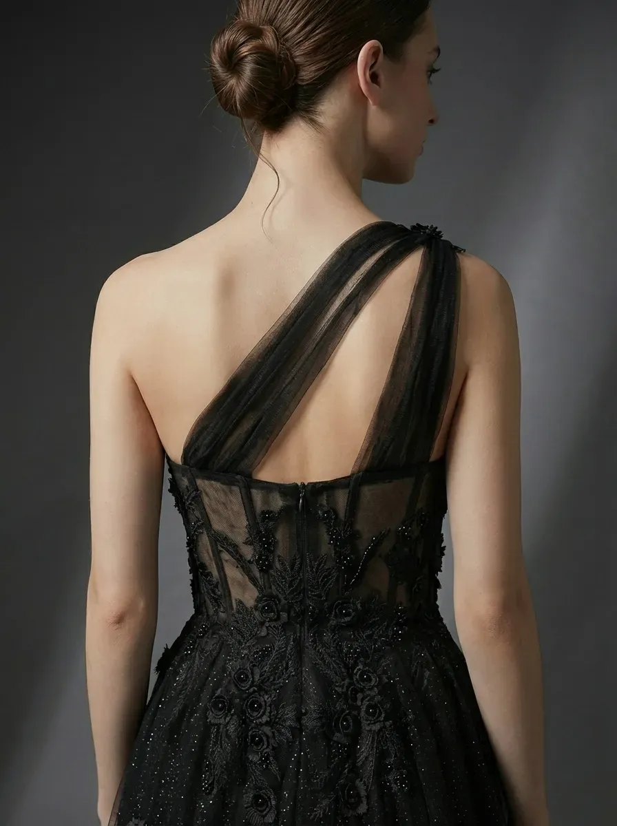 Black One-Shoulder A-Line Prom Dress | Formal Gown with Lace Appliques