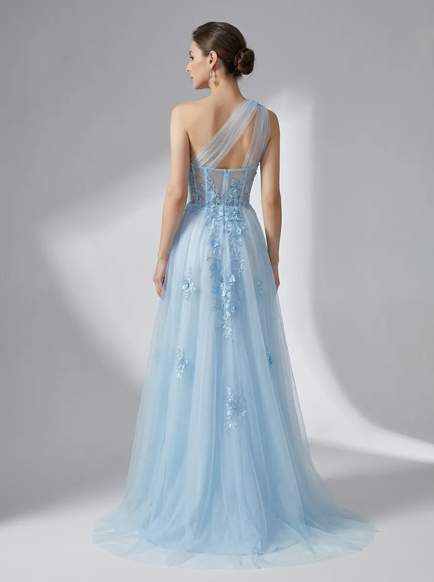 Black One-Shoulder A-Line Prom Dress | Formal Gown with Lace Appliques