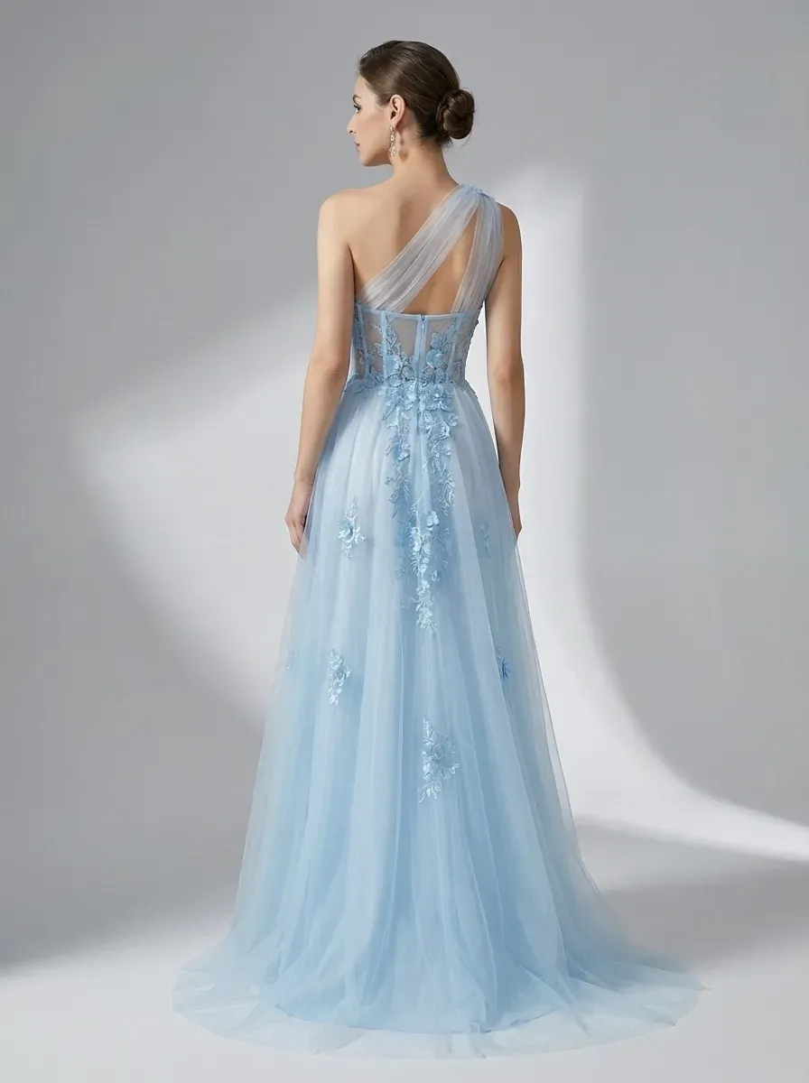 Black One-Shoulder A-Line Prom Dress | Formal Gown with Lace Appliques