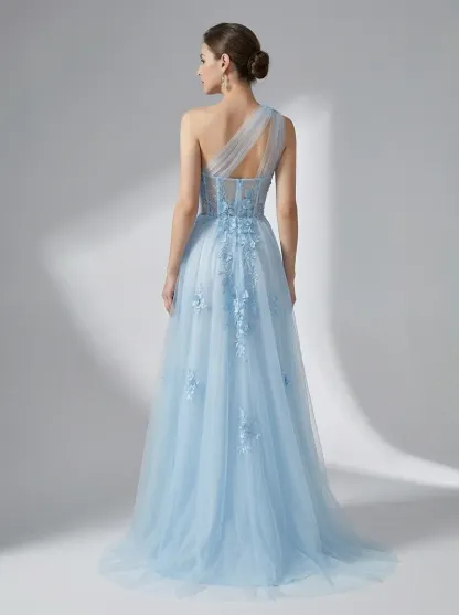 Black One-Shoulder A-Line Prom Dress | Formal Gown with Lace Appliques