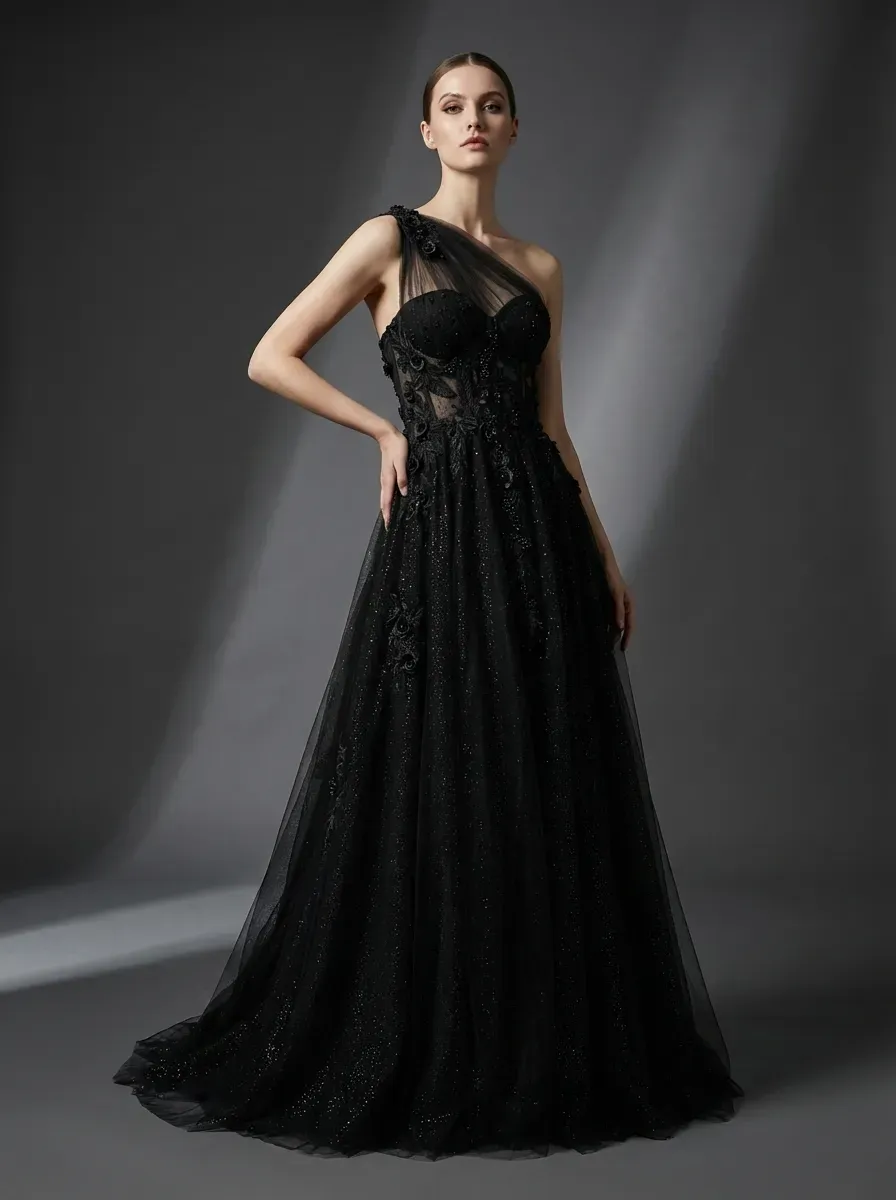 Black One-Shoulder A-Line Prom Dress | Formal Gown with Lace Appliques