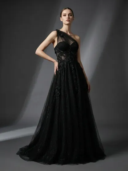 Black One-Shoulder A-Line Prom Dress | Formal Gown with Lace Appliques