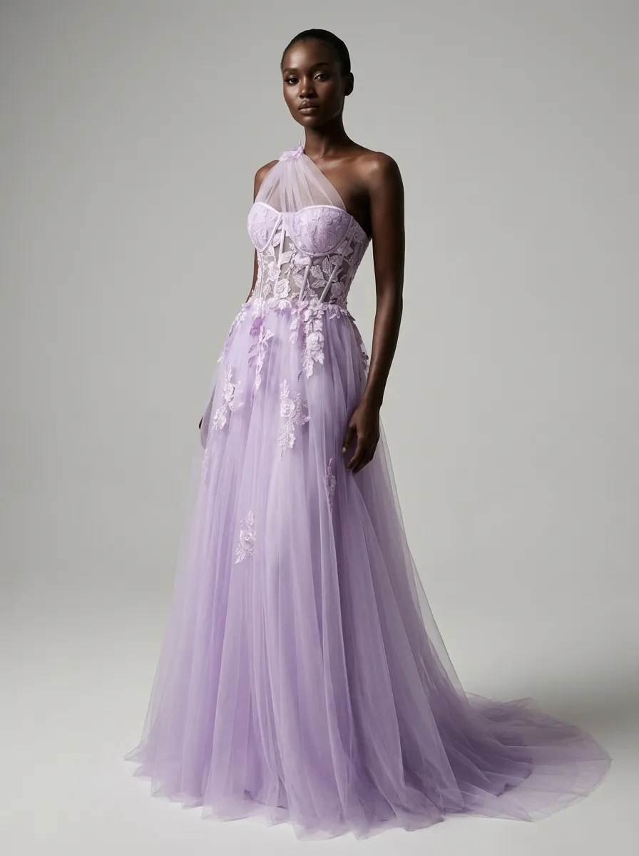 Black One-Shoulder A-Line Prom Dress | Formal Gown with Lace Appliques