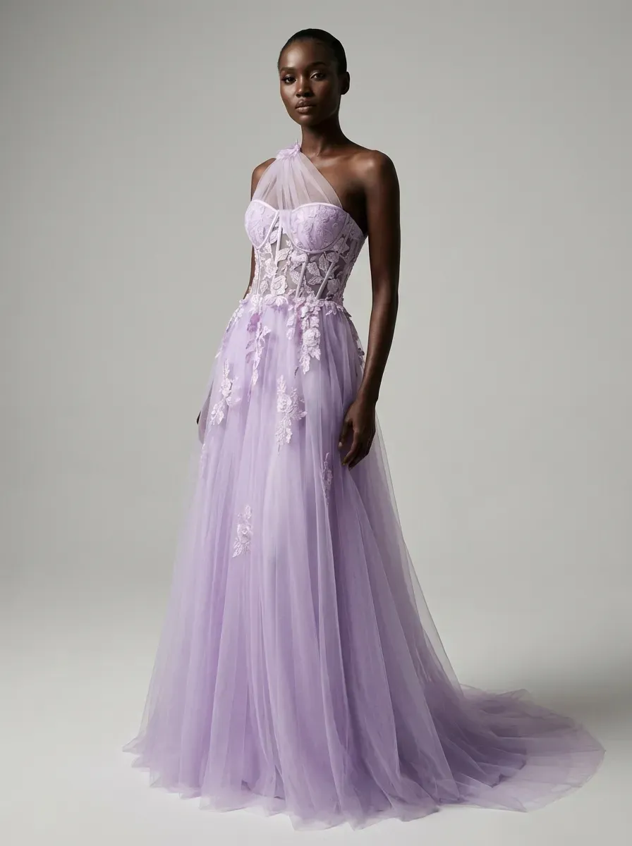Black One-Shoulder A-Line Prom Dress | Formal Gown with Lace Appliques