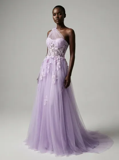 Black One-Shoulder A-Line Prom Dress | Formal Gown with Lace Appliques