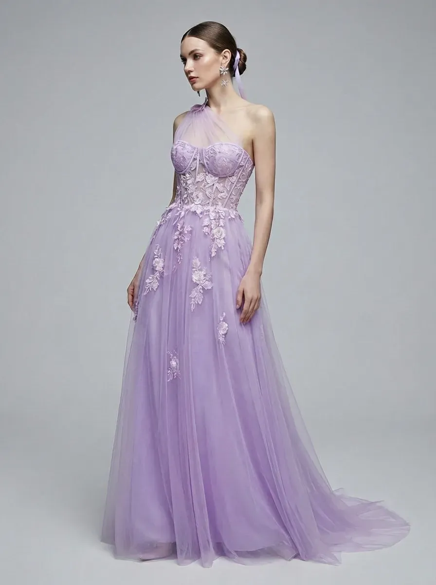 Black One-Shoulder A-Line Prom Dress | Formal Gown with Lace Appliques