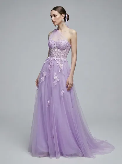 Black One-Shoulder A-Line Prom Dress | Formal Gown with Lace Appliques