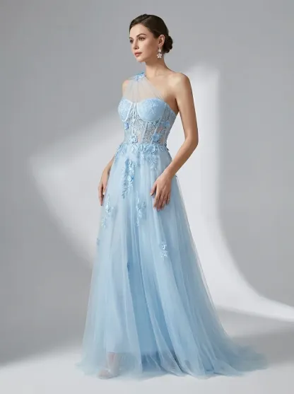 Black One-Shoulder A-Line Prom Dress | Formal Gown with Lace Appliques