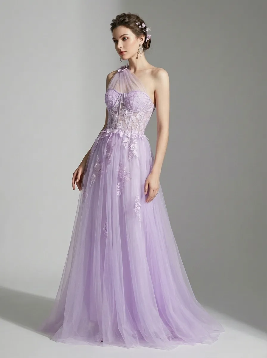 Black One-Shoulder A-Line Prom Dress | Formal Gown with Lace Appliques
