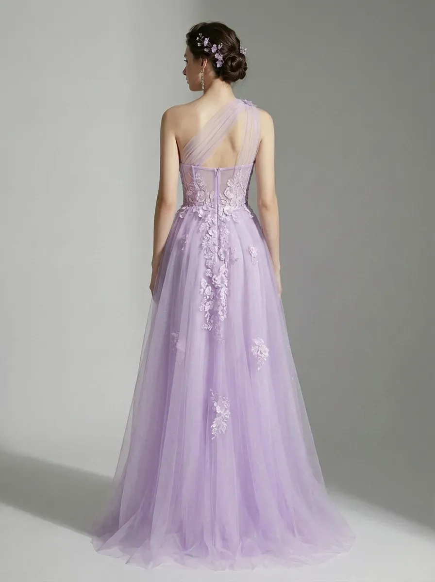 Black One-Shoulder A-Line Prom Dress | Formal Gown with Lace Appliques
