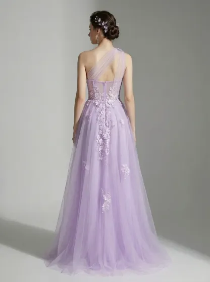 Black One-Shoulder A-Line Prom Dress | Formal Gown with Lace Appliques