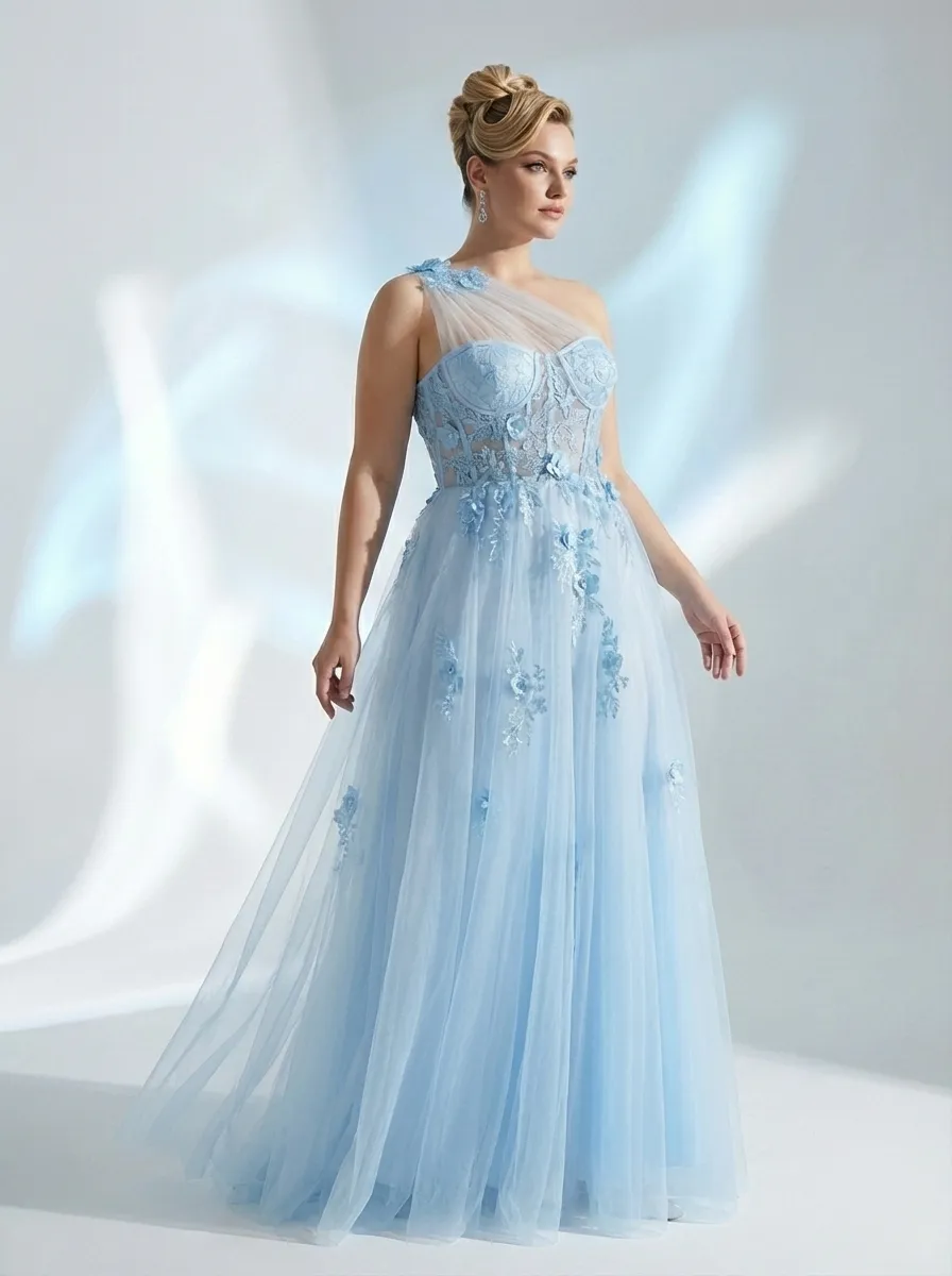 Black One-Shoulder A-Line Prom Dress | Formal Gown with Lace Appliques